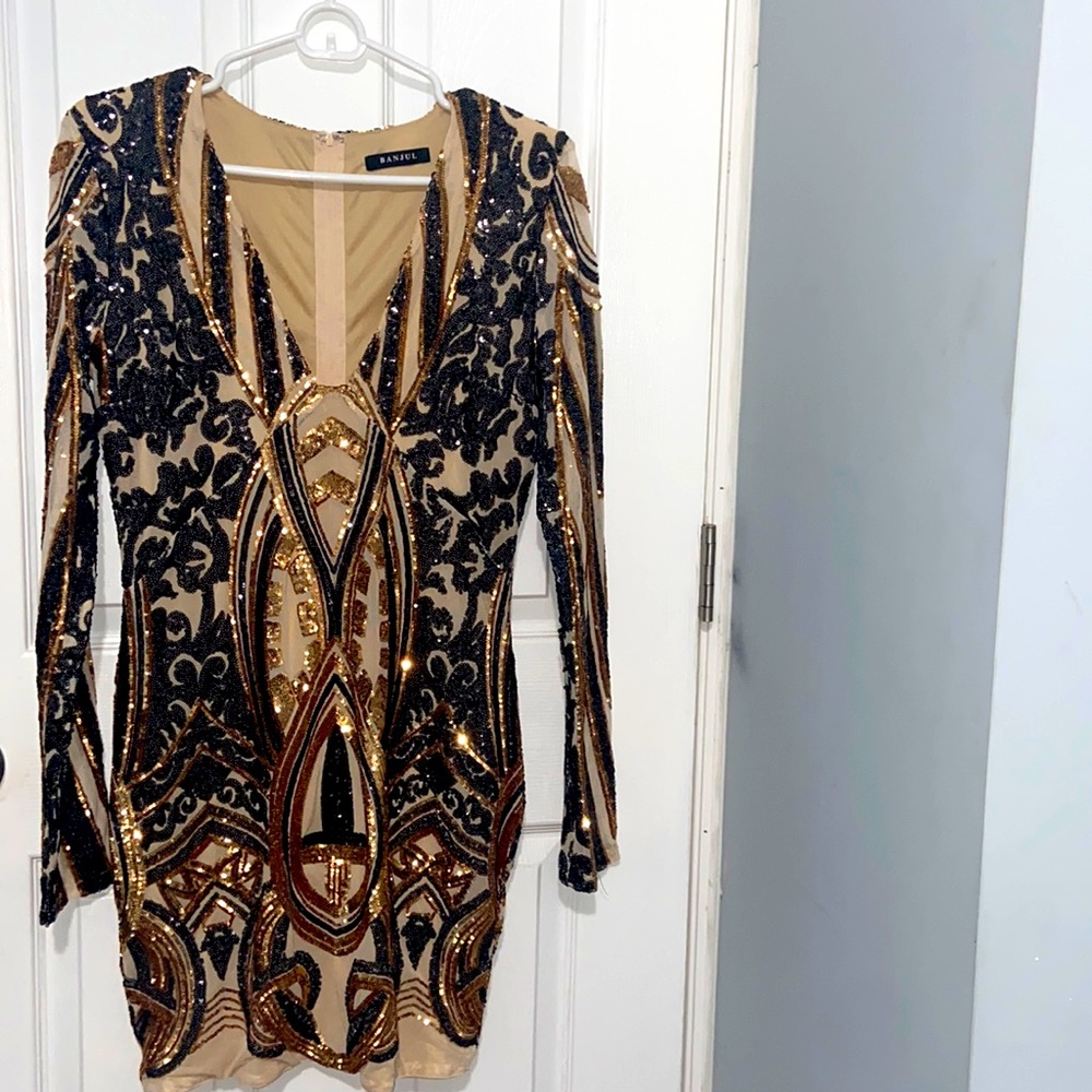 Black, Tan, and Gold Dress